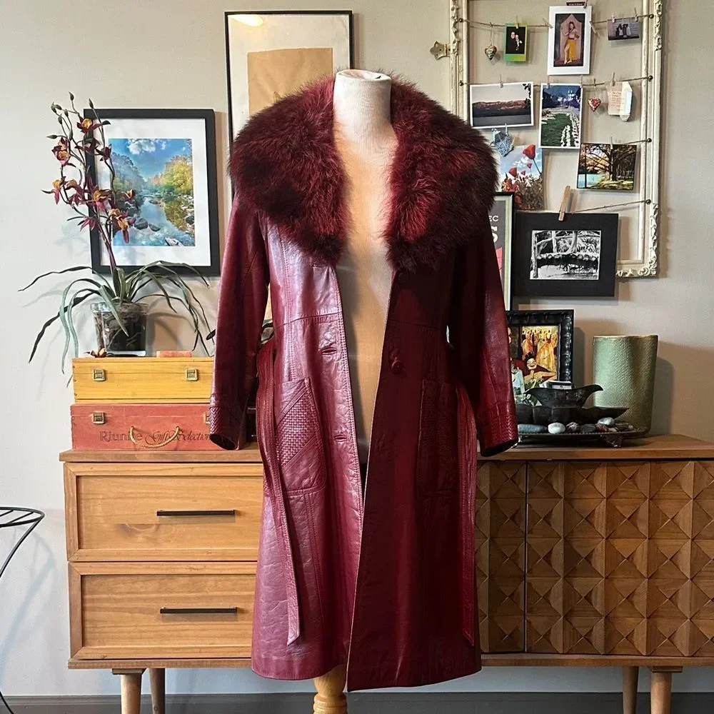 Vintage 1-of-a-Kind Burgundy-Red Leather Jacket with Ombré Collar - Picture 7 of 13